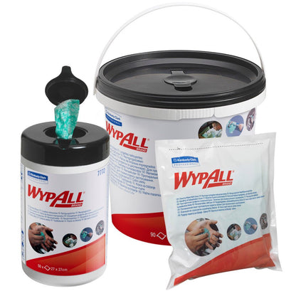 Utierky WypAll® - Zelené od Kimberly-Clark GmbH sú dostupné v troch kontajneroch: v kanistri s vyskakovacím systémom, vo veľkom vedre s rukoväťou a v náhradnom vrecku - každý s logom a obrázkami rúk, ktoré sa čistia týmito mäkkými netkanými utierkami.