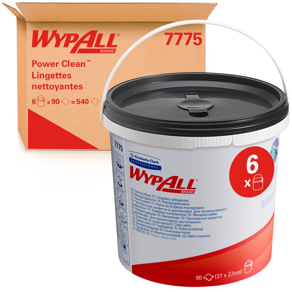 Zelený kontajner s utierkami WypAll® (Kimberly-Clark GmbH), 90 listov, je zobrazený spolu s krabicou s nápisom "6 dávkovačov" s každým 90 utierkami (celkom: 6 vedier x 90 listov) pred hnedým kartónom WypAll 7775.