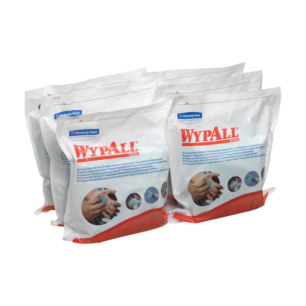 Šesť balíkov WypAll® utierok - Zelené od Kimberly-Clark GmbH, každý s 75 listami, sú vybavené nápadným brandingom a zelenými akcentmi a sú navrhnuté na priemyselné čistiace úlohy.