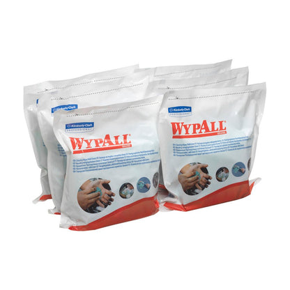 Šesť balíkov WypAll® utierok - Zelené od Kimberly-Clark GmbH, každý s 75 listami, sú vybavené nápadným brandingom a zelenými akcentmi a sú navrhnuté na priemyselné čistiace úlohy.