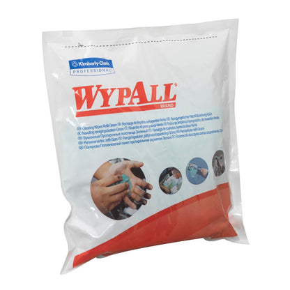 Uzavreté balenie WypAll® utierok - Zelené (6 x 75 listov) od Kimberly-Clark GmbH, s obrázkami čistenia rúk a viacjazyčným textom, ideálne na priemyselné čistenie alebo ako zelené utierky v rôznych prostrediach.