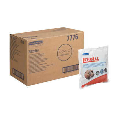 Hnedá škatuľa s nápisom "WypAll 7776" stojí vedľa uzavretého balenia WypAll® utierok - Zelené (6 x 75 utierok) od Kimberly-Clark GmbH - označená značkou a použitím, ideálna na priemyselné čistenie.