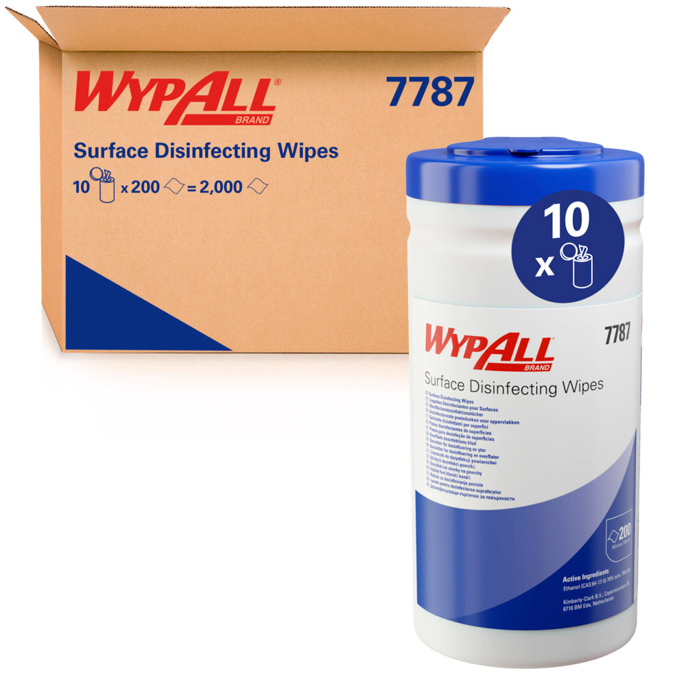Ein WypAll® Flächendesinfektionstücher Spendereimer (Weiß, 200 Tücher) von Kimberly-Clark GmbH steht vor einem Karton mit 10 Eimern und sorgt mit blauem Deckel für effektive Desinfektion verschiedenster Oberflächen.