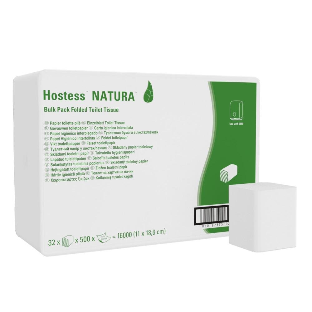 Balenie bielej farby s nápisom "Hostess™ NATURA toaletný papier - systém jednotlivých listov / Biela / 500" od Kimberly-Clark GmbH zobrazuje informácie o produkte, zelenú časť, obrázok zložených vreckoviek a čiarový kód. Vpredu je ekologický toaletný papier.