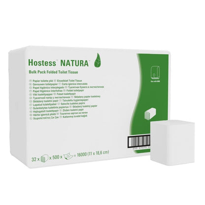 Balenie bielej farby s nápisom "Hostess™ NATURA toaletný papier - systém jednotlivých listov / Biela / 500" od Kimberly-Clark GmbH zobrazuje informácie o produkte, zelenú časť, obrázok zložených vreckoviek a čiarový kód. Vpredu je ekologický toaletný papier.