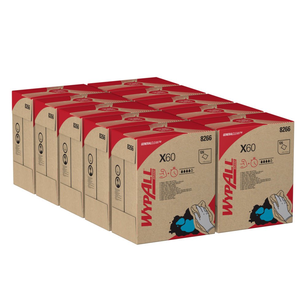 Súprava desiatich bielych krabíc WypAll® X60 General Clean (každá po 126 listov) od Kimberly-Clark GmbH je prehľadne usporiadaná, pričom každý kartón obsahuje produktové detaily a ilustrácie.