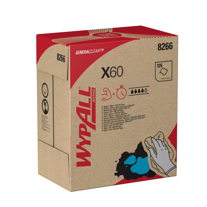 Krabica WypAll® X60 General Clean od Kimberly-Clark GmbH (8266) obsahuje 126 bielych utierok na krabicu, má červené a čierne značkovanie s rukou, ktorá čistí modrú škvrnu, a je ideálna pre priemyselné čistenie. Predáva sa ako 10 boxov x 126 listov.