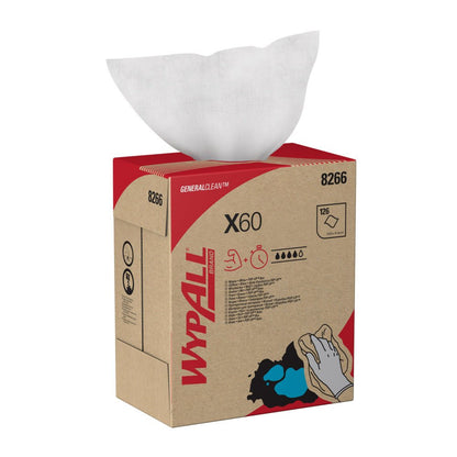 Krabica WypAll® X60 General Clean od Kimberly-Clark GmbH (10 kartónov x 126 listov, biela) vydáva list zhora. Kartón zobrazuje značku, produktové informácie a ilustrácie pre čistiace úlohy v priemysle a dielni.