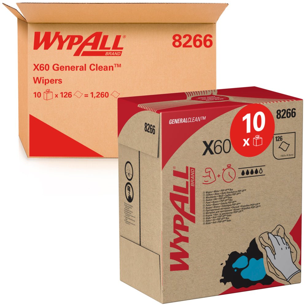 Veľký hnedý prepravný kartón obsahuje 10 krabíc WypAll® X60 General Clean (Biela, každá po 126 utierok) od Kimberly-Clark GmbH, pričom každá krabica je vybavená značkou, produktovými údajmi a ilustráciami čistiacich utierok.