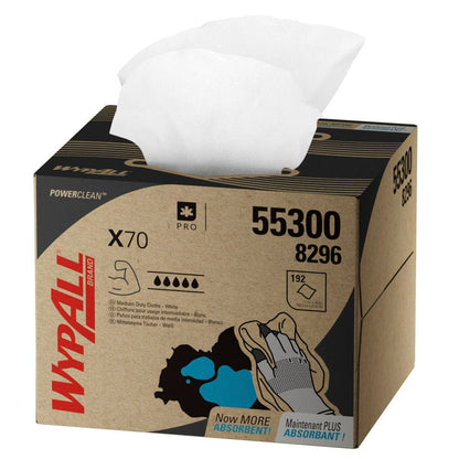 Jedna WypAll® X70 PowerClean BRAG™ Box (biela, 200 utierok) od Kimberly-Clark GmbH zobrazuje bielu, čiastočne vytiahnutú čistiacu utierku s produktovými údajmi a ilustráciami pre priemyselné čistenie na krabici.