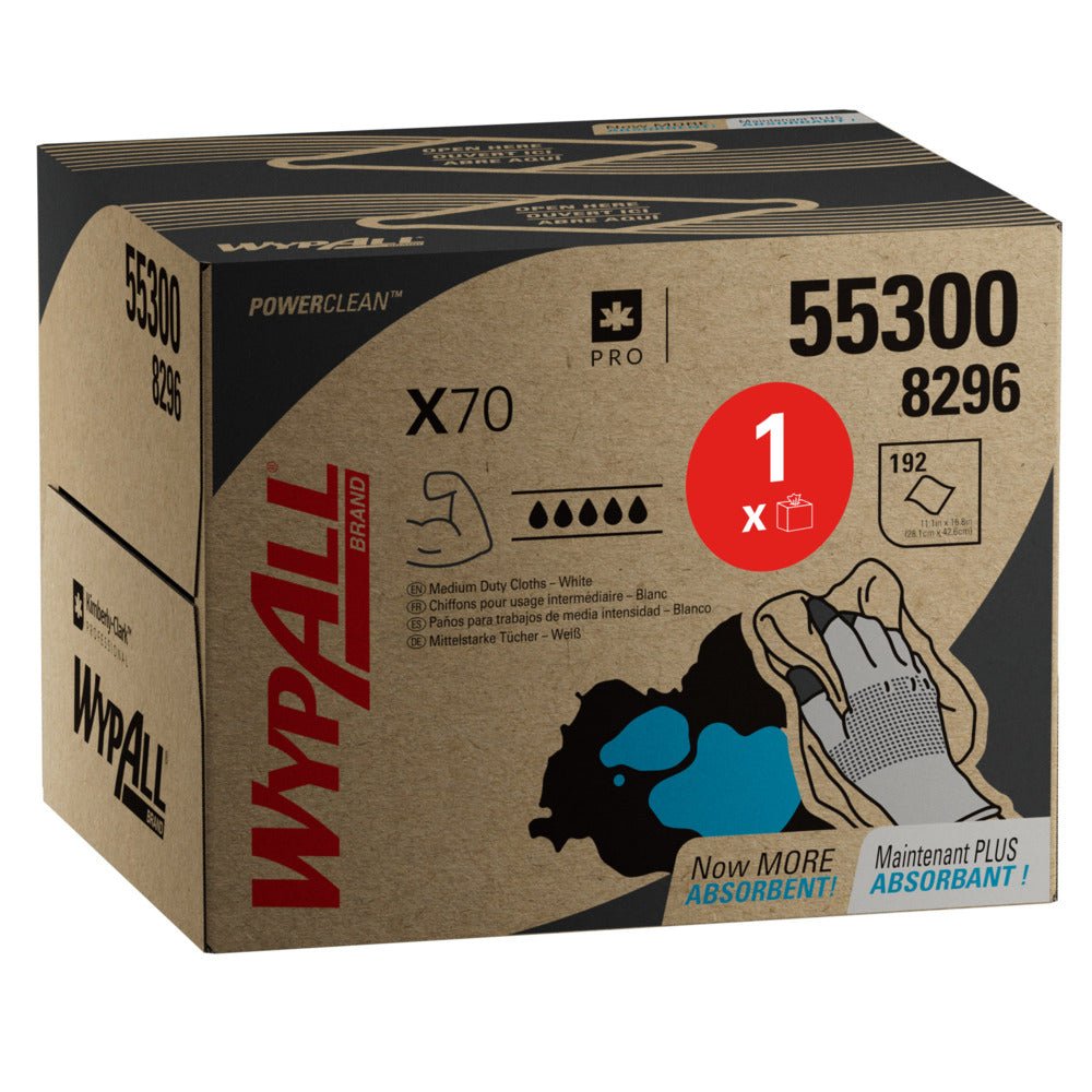 Jedna WypAll® X70 PowerClean BRAG™ Box od Kimberly-Clark GmbH obsahuje krabicu s 200 bielymi utierkami. Na kartóne sú zobrazené grafiky s utierkami, ktoré nasávajú modrú tekutinu, a produktové vlastnosti.
