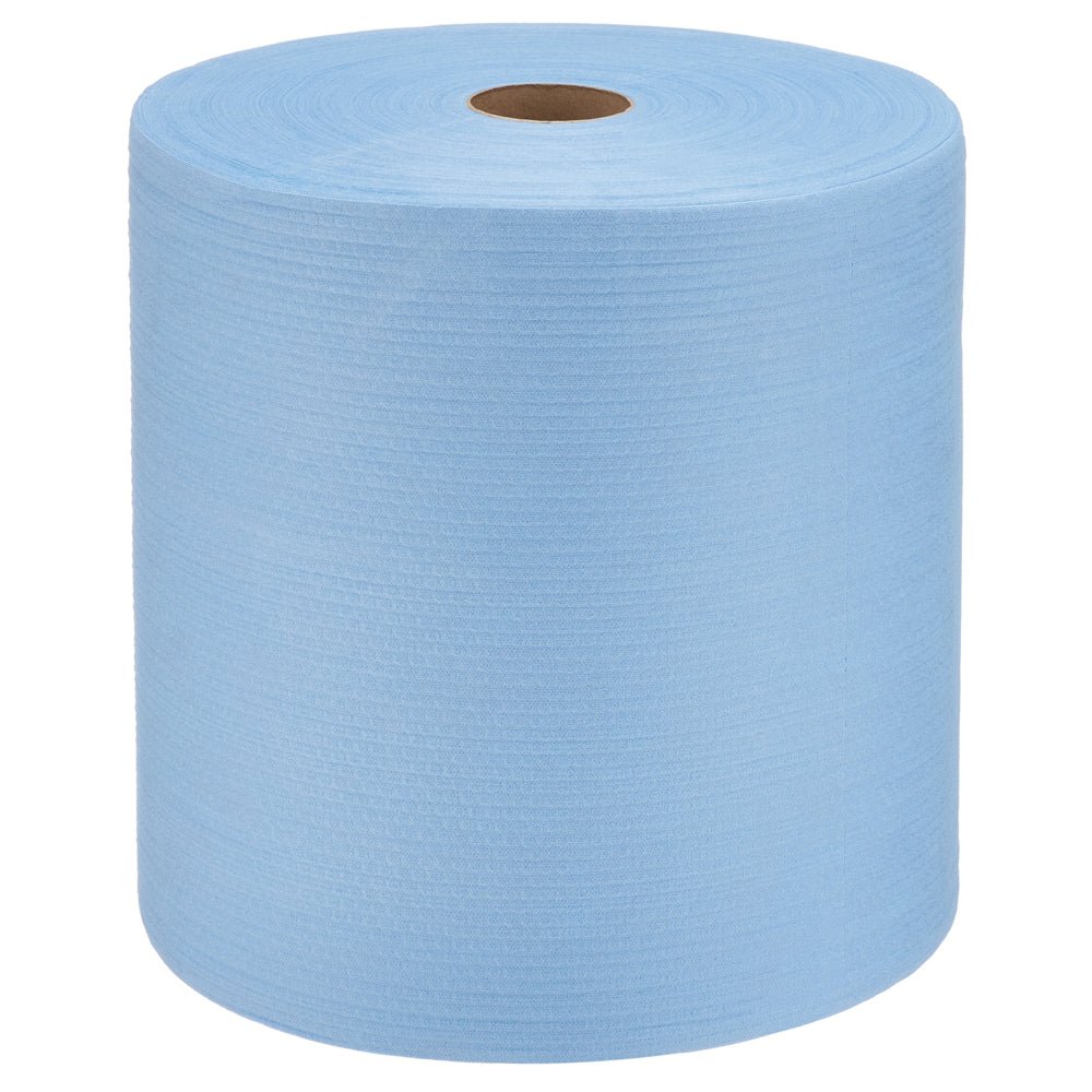 Rolka WypAll® X80 PowerClean (31,00 x 31,50 cm) značky Kimberly-Clark GmbH s malým hnedým kartónovým jadrom stojí vzpriamene pred bielym pozadím.