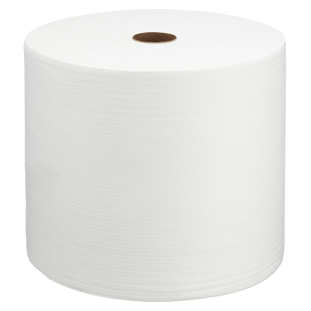 Veľká rolka WypAll® X70 PowerClean v bielej farbe od Kimberly-Clark GmbH pozostáva z 1 rolky s 870 listami a hnedým papierovým jadrom, ktoré je zobrazené na bielom pozadí - ideálna na priemyselné čistenie.