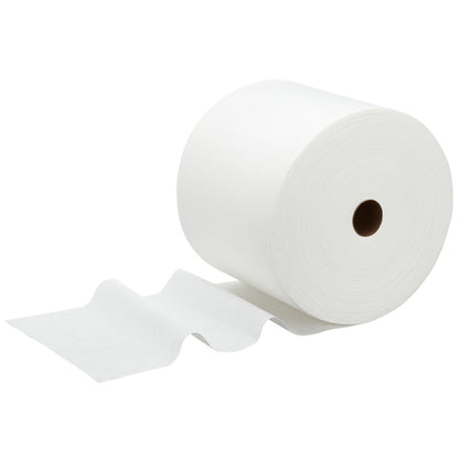 Veľká rolka čistiacich utierok WypAll® X70 PowerClean (Kimberly-Clark GmbH, 1 rolka x 870 listov, biela) je zobrazená s niekoľkými rozvinutými listami, ideálna na priemyselné čistenie, na jednoduchom bielom pozadí.