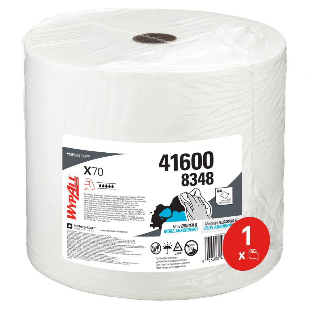 Veľká rolka WypAll® X70 PowerClean v bielej farbe od Kimberly-Clark GmbH (1 rolka x 870 listov, art.-č. 41600 8348) je zabalená v priehľadnom plaste a ideálna na priemyselné čistenie.