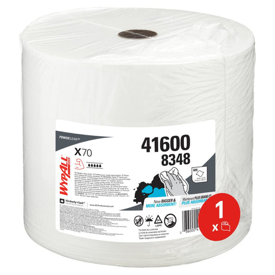 Veľká rolka WypAll® X70 PowerClean v bielej farbe od spoločnosti Kimberly-Clark GmbH (1 rolka x 870 listov, č. výrobku 41600 8348) je zabalená v priehľadnom plastovom obale a je ideálna na priemyselné čistenie.