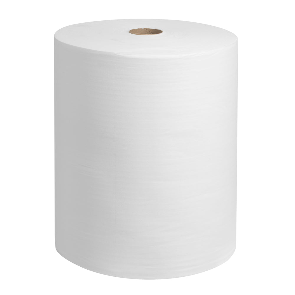 Veľká rolka WypAll® X60 General Clean od Kimberly-Clark GmbH, 1 biela rolka so 650 listami, stojí vzpriamene a ukazuje svoj valcovitý tvar a hnedé kartónové jadro na jednofarebnom pozadí.