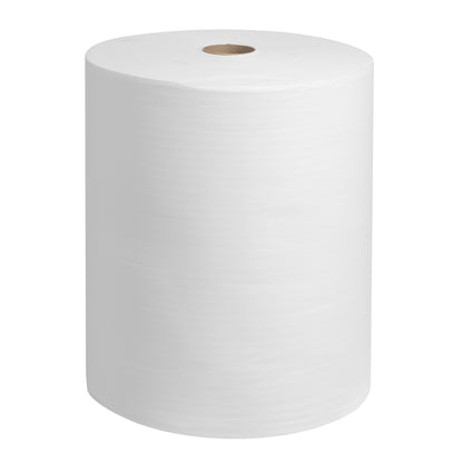 Veľká rolka WypAll® X60 General Clean od Kimberly-Clark GmbH, 1 biela rolka so 650 listami, stojí vzpriamene a ukazuje svoj valcovitý tvar a hnedé kartónové jadro na jednofarebnom pozadí.
