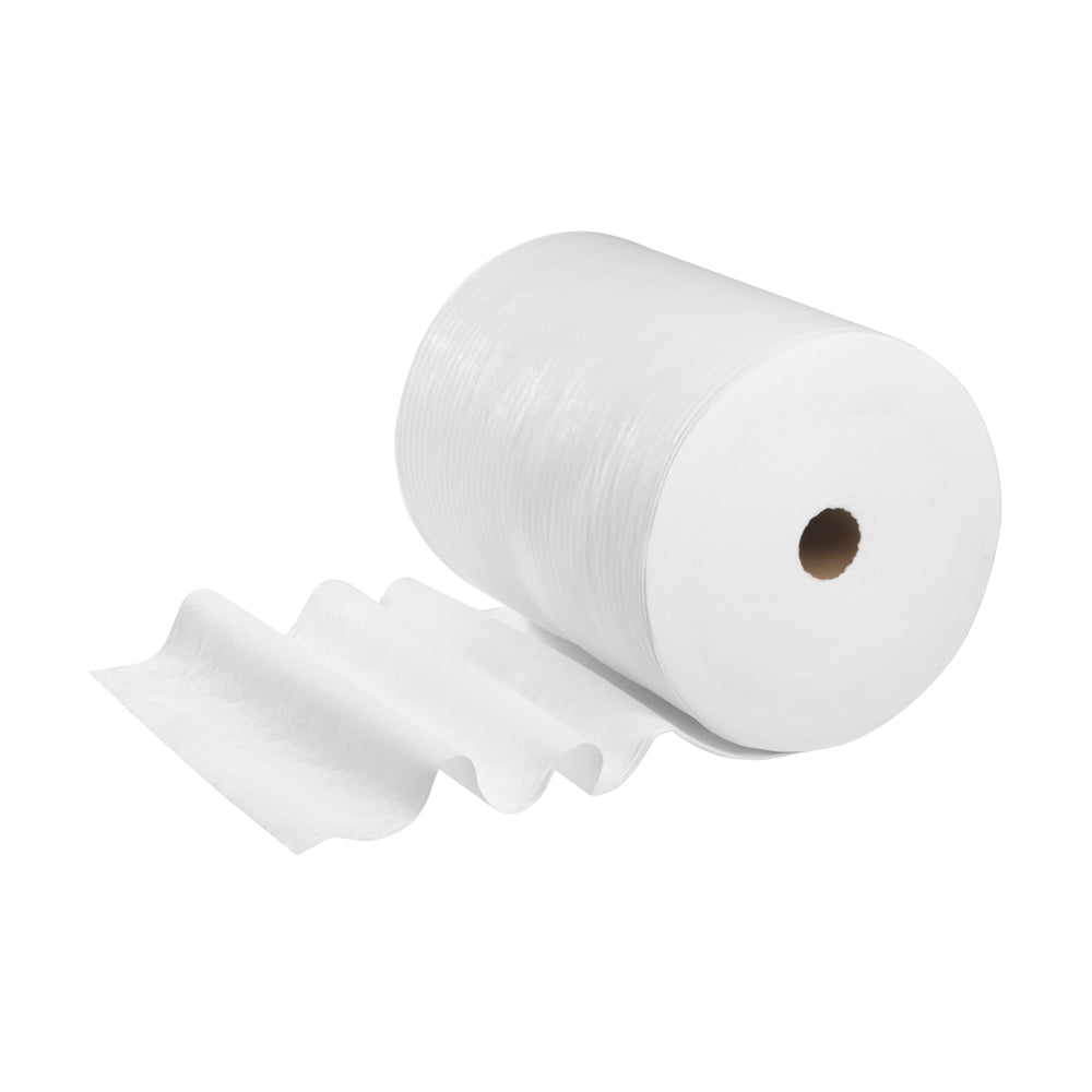 Veľká rolka WypAll® X60 General Clean od Kimberly-Clark GmbH, biela, 1 rolka so 650 utierkami, je mierne odvinutá na bielom pozadí - ideálna na čistenie.