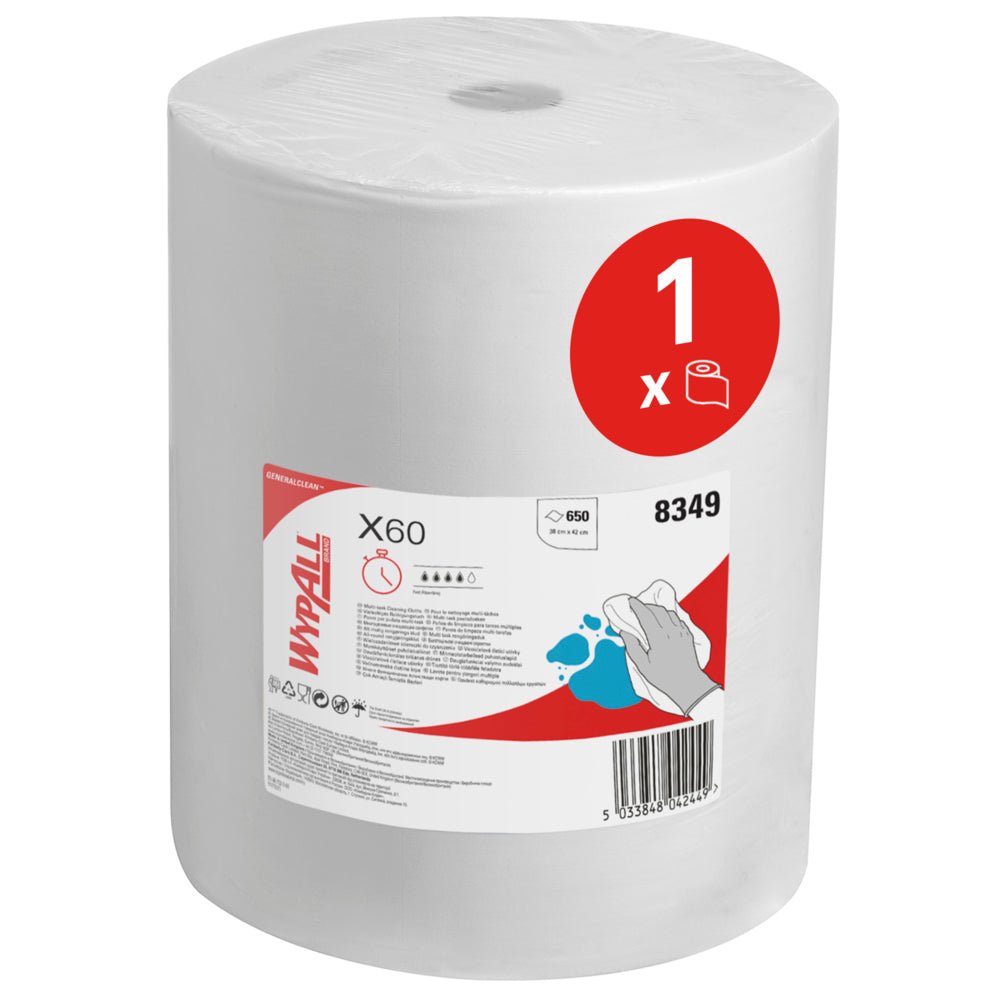 Biela WypAll® X60 General Clean veľká rolka od Kimberly-Clark GmbH je opatrená červenou etiketou s nápisom "1 x", obrázkom utierky na ruky, produktovým číslom 8349 a čiarovým kódom; obsahuje 1 rolku (650 listov) na efektívne čistenie.