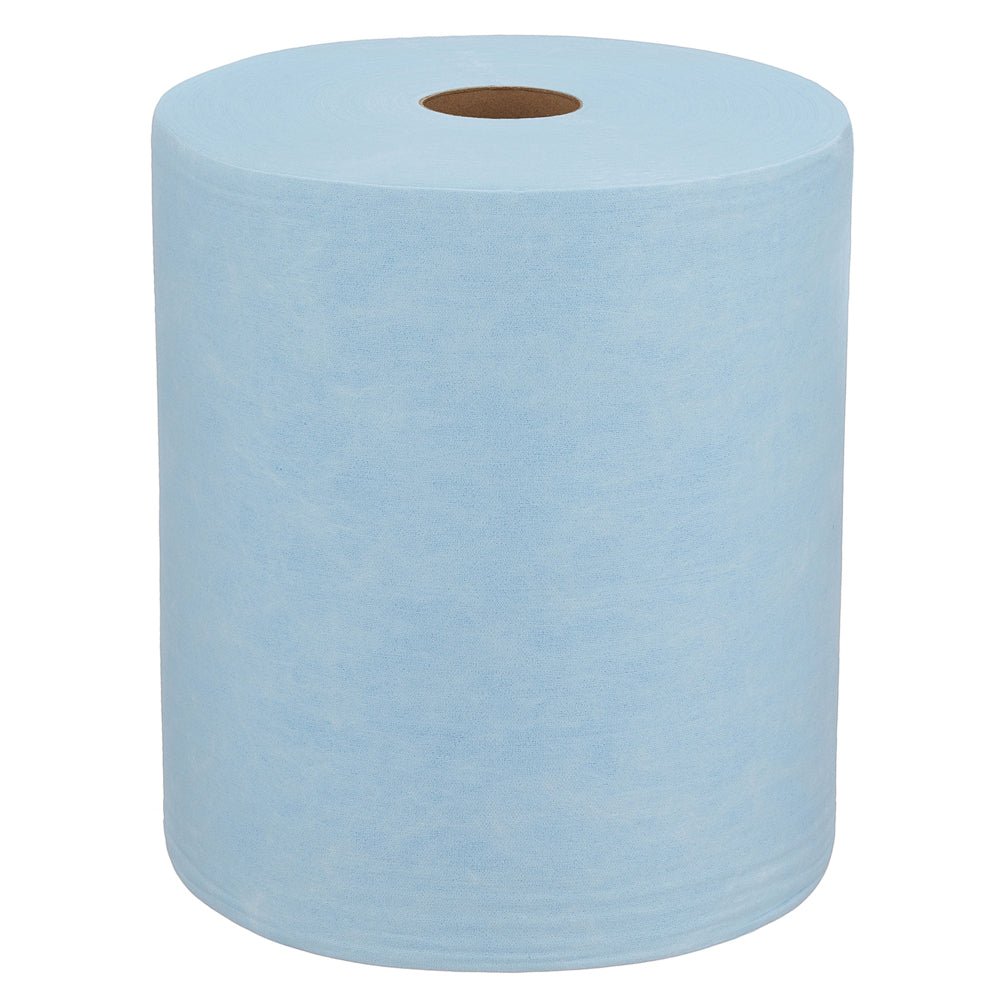 Veľká modrá rolka WypAll® X60 General Clean od Kimberly-Clark GmbH (1 rolka x 500 listov) s hnedým jadrom stojí vzpriamene na bielom pozadí, ideálna pre profesionálne čistiace úlohy.