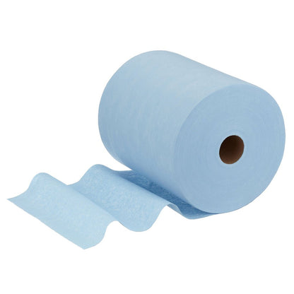 Veľká rolka WypAll® X60 General Clean (modrá, 1 rolka x 500 listov) od Kimberly-Clark GmbH je zobrazená s niekoľkými rozvinutými listami. Viditeľné papierové jadro zdôrazňuje vhodnosť pre profesionálne čistiace úlohy.