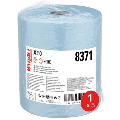 Veľká modrá rolka WypAll® X60 General Clean od Kimberly-Clark GmbH (1 rolka x 500 utierok) je zabalená v plaste, nesie číslo 8371, produktové informácie a ikony - ideálna pre profesionálne čistenie; Etiketa s červeným kruhom "1 x".