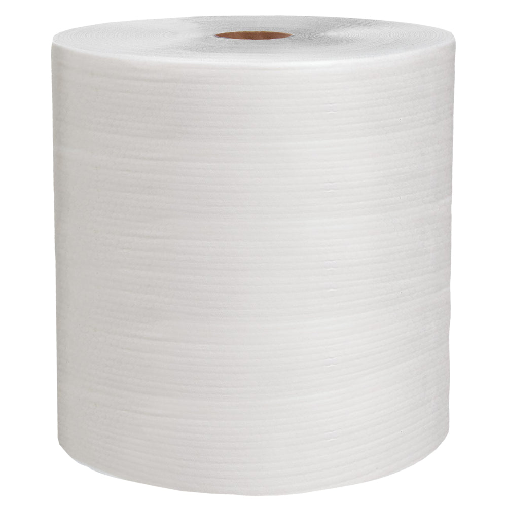 Rolka WypAll® X80 PowerClean (31,00 cm x 31,50 cm) od Kimberly-Clark GmbH s viditeľným papierovým jadrom je ideálna na profesionálne použitie a stojí vzpriamene na jednoduchom bielom podklade.