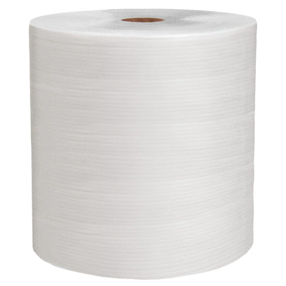 Rolka WypAll® X80 PowerClean (31,00 cm x 31,50 cm) od Kimberly-Clark GmbH s viditeľným papierovým jadrom je ideálna na profesionálne použitie a stojí vzpriamene na jednoduchom bielom podklade.