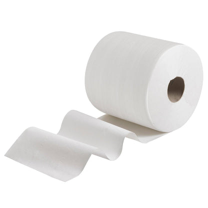 Rolka WypAll® X80 PowerClean (31,00 cm x 31,50 cm) od Kimberly-Clark GmbH je zobrazená s niekoľkými rozvinutými listami na bielom pozadí - perfektná na profesionálne čistiace úlohy a ako čistiaca handra v profesionálnej oblasti.