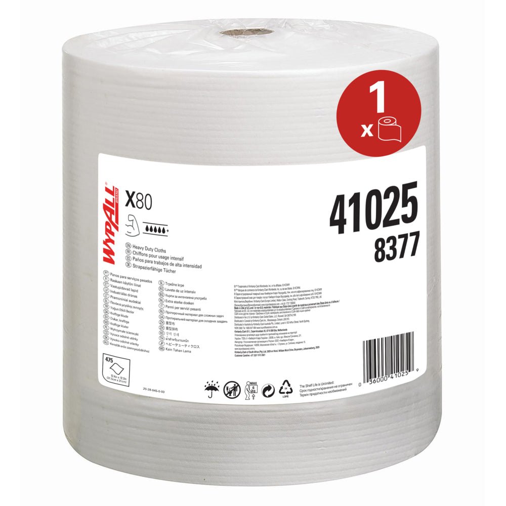 Veľká rolka WypAll® X80 PowerClean (31,00 x 31,50 cm) od Kimberly-Clark GmbH s bielym štítkom s názvom značky, detailmi o produkte a symbolmi použitia - ideálna na profesionálne použitie a náročné čistiace úlohy.