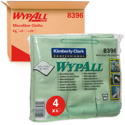 Eine Packung grüner WypAll® Mikrofasertücher - flaches Tuch (40 x 40 cm) der Kimberly-Clark GmbH steht vor einer Pappschachtel mit Produktdetails, Reinigungsbildern und der Zahl 4 für die Anzahl der enthaltenen Tücher.