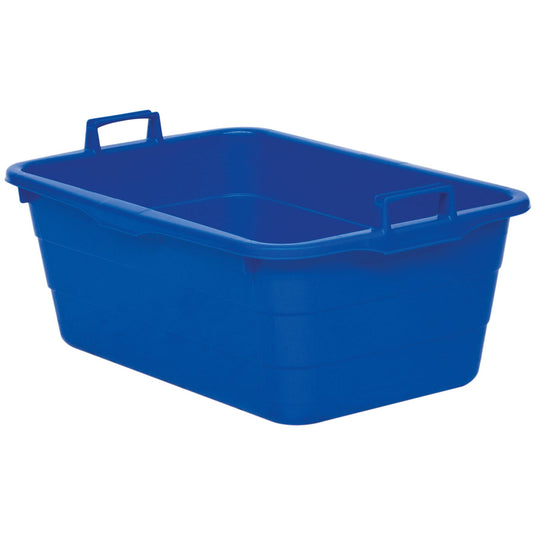 Modrá plastová nádoba značky Novocal (90 litrov, 750 x 490 x 310 mm) s dvoma úchytmi, po jednom na každej kratšej strane. Robustná úložná nádoba je prázdna a je vyobrazená na bielom pozadí. Značka: Novocal.
