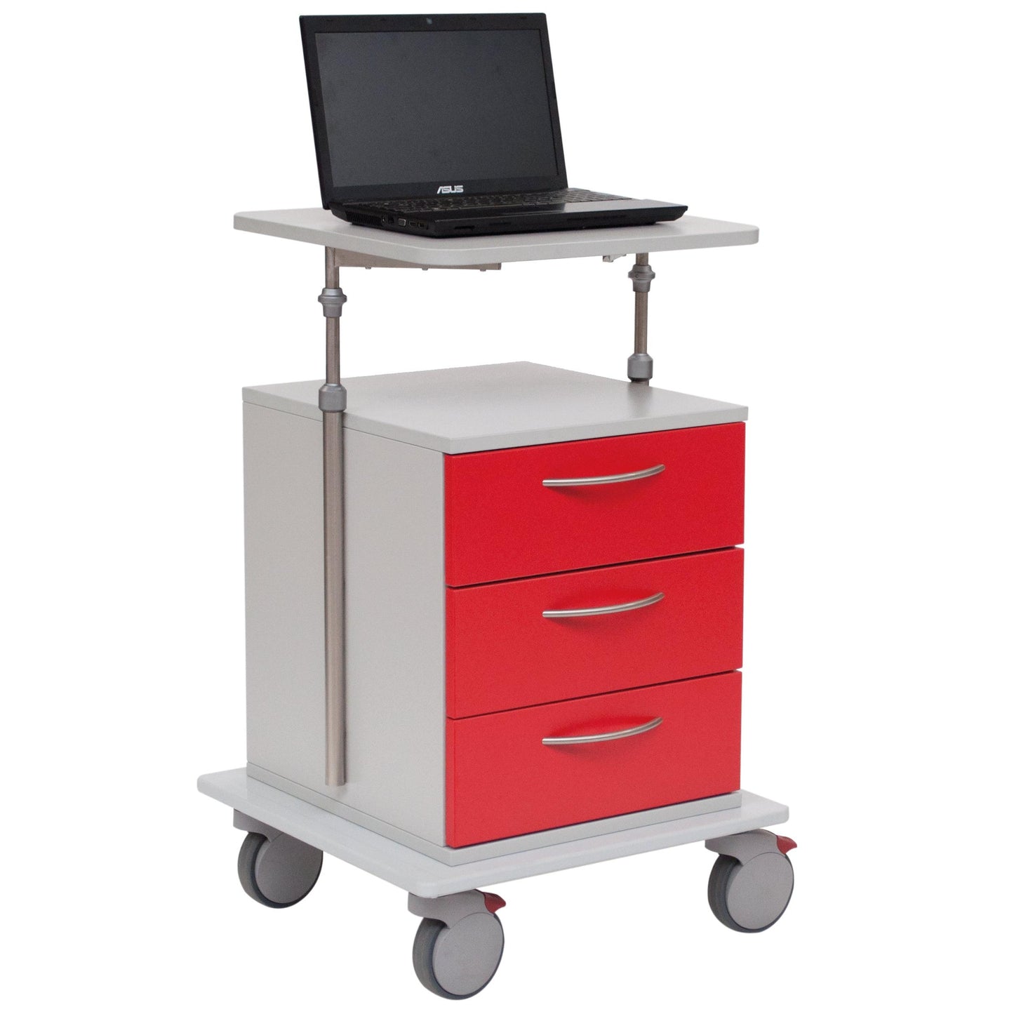 Der Novocal Laptopwagen mit höhenverstellbarer Ablageplatte verfügt über drei rote Schubladen, eine weiße verstellbare Ablage mit einem schwarzen ASUS-Laptop und vier graue Rollen für mobiles, ergonomisches Arbeiten.