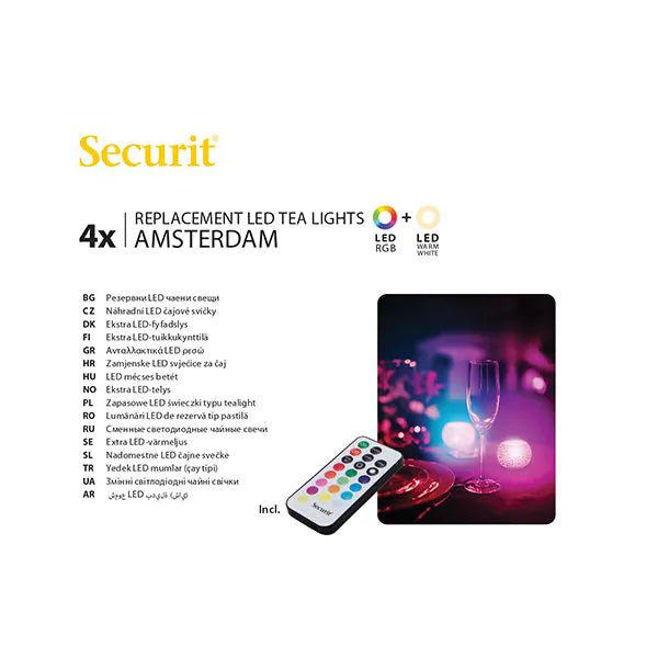 Papstar Securit® 4 LED čajové sviečky náhradné balenie Ø 4 cm x 5 cm "Amsterdam" doba svietenia 12-40 hodín