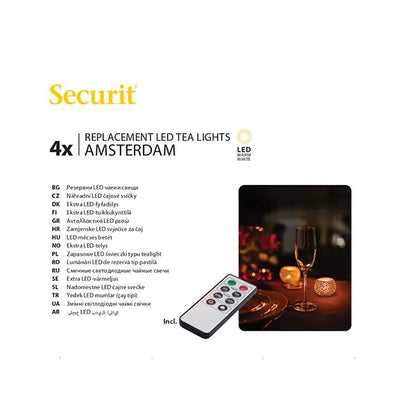 Papstar Securit® 4 LED čajové sviečky náhradné balenie Ø 4 cm x 5 cm "Amsterdam" doba svietenia 12-40 hodín