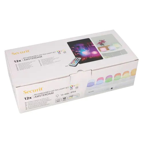 Papstar Securit® 12 LED čajových svetiel vrát. nabíjacia stanica Ø 4 cm x 5 cm "Amsterdam" doba svietenia 12-40 hod