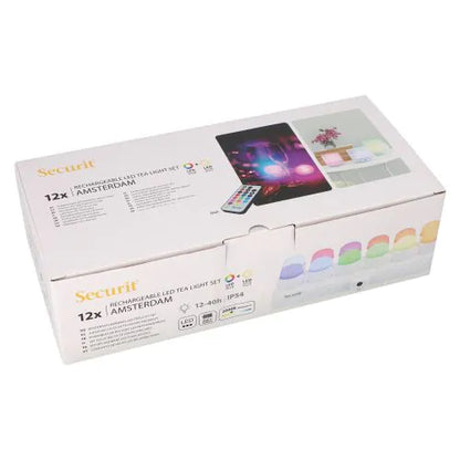 Papstar Securit® 12 LED čajových svetiel vrát. nabíjacia stanica Ø 4 cm x 5 cm "Amsterdam" doba svietenia 12-40 hod