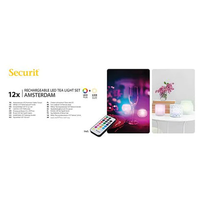 Papstar Securit® 12 LED čajových svetiel vrát. nabíjacia stanica Ø 4 cm x 5 cm "Amsterdam" doba svietenia 12-40 hod