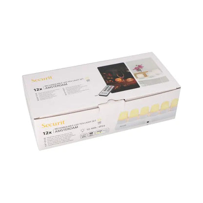 Papstar Securit® 12 LED čajových svetiel vrát. nabíjacia stanica Ø 4 cm x 5 cm "Amsterdam" doba svietenia 12-40 hod