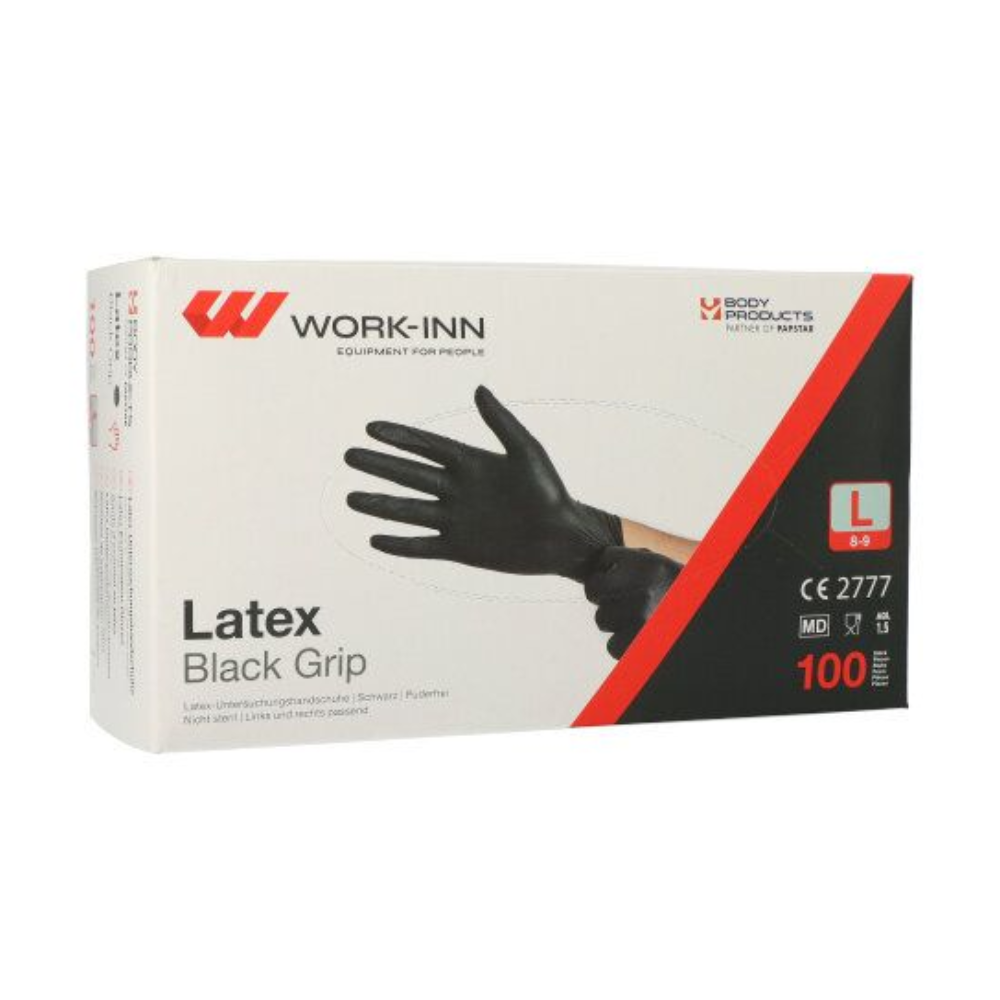 Eine Schachtel Papstar Latex-Handschuhe puderfrei „Black Grip“ in Schwarz, Größe L, von WORK-INN/PS. Die Schachtel zeigt das Bild einer Hand, die einen schwarzen Handschuh trägt, und enthält 100 Handschuhe mit CE 2777- und MD-Kennzeichnung, die von Body Products als „Equipment for People“ gekennzeichnet sind.