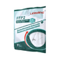 Zobrazený je zapečatený obal Leikang® FFP2 NR respirátora bez ventilu (1 kus). Bielozelený obal ukončeného produktu zobrazuje informácie o produkte, certifikáty a priehľadné okno, ktoré ukazuje zloženú masku vo vnútri.