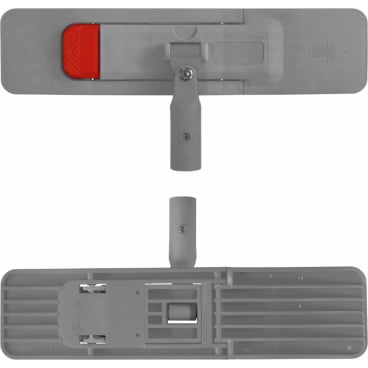 Zwei Ansichten des Auslaufartikels: Arcora standard klapphalter grau 40 cm von Arcora International GmbH: Oben ist ein roter Knopf zu sehen, unten die Struktur und der Befestigungsbereich, beide mit einem zentralen Griffanschluss für Reinigungszubehör.