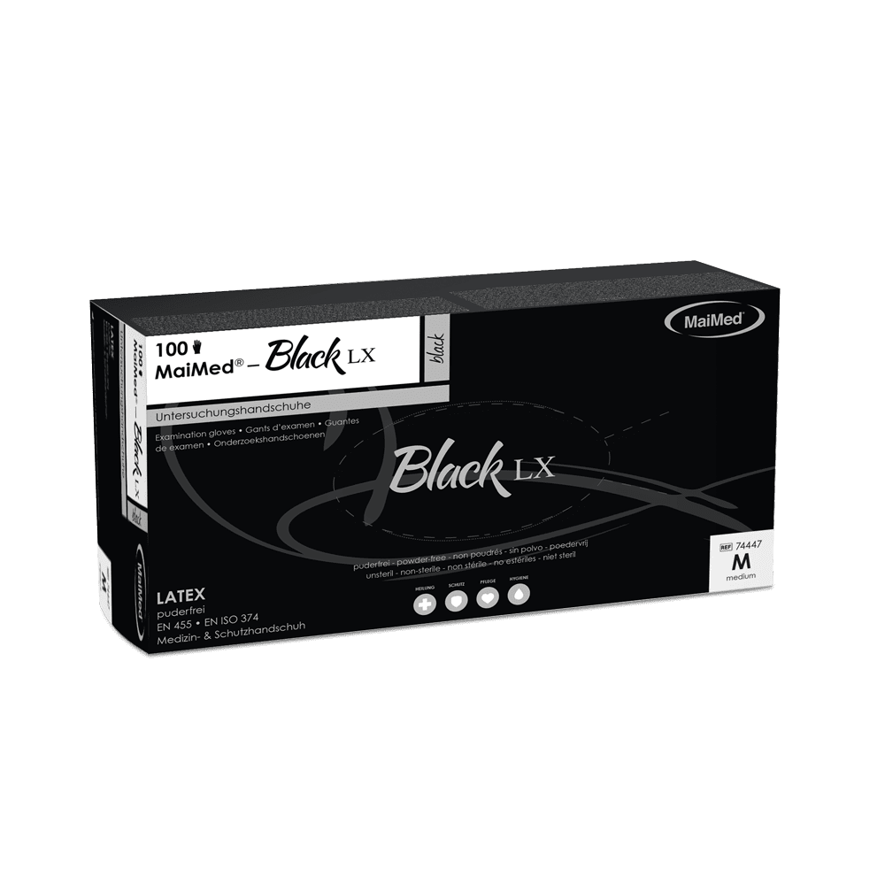 MaiMed-Black LX PF jednorazové latexové vyšetrovacie rukavice, bez púdru, 100 kusov/balenie