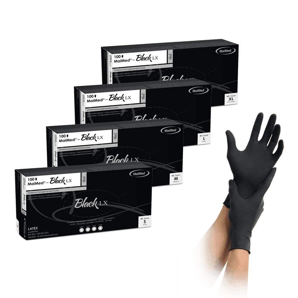 MaiMed-Black LX PF jednorazové latexové vyšetrovacie rukavice, bez púdru, 100 kusov/balenie