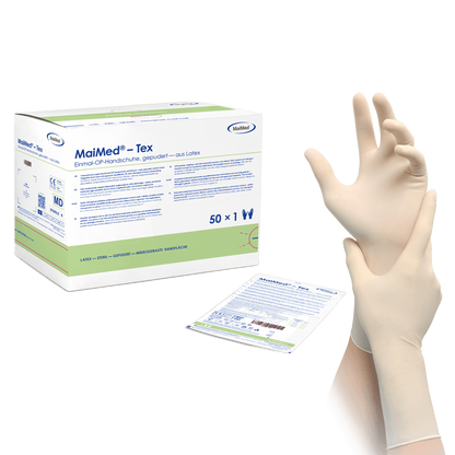 MaiMed-Tex sterilné, jemne pudrované latexové chirurgické rukavice 50 párov/krabička