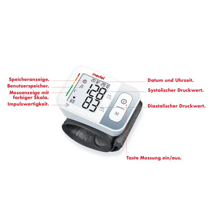 Ein Medel Quick Handgelenk-Blutdruckmessgerät von Beurer GmbH mit beschrifteten Funktionen einschließlich Speicheranzeige, Benutzerspeicher, farbiger Skalenanzeige, Pulswirksamkeit, Datum und Uhrzeit, systolischen und diastolischen Druckwerten und einer Ein-/Aus-Funktion.