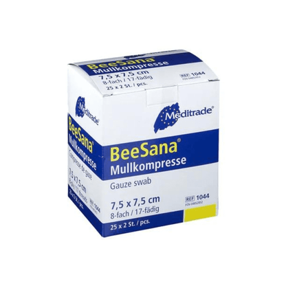 Krabica Meditrade BeeSana® Mullkompresse, jednoducho sterilná, 8-násobné gázové tampóny od Meditrade GmbH, veľkosť 7,5 x 7,5 cm, s modro-bielym balením s textom v