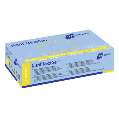 Krabica Meditrade Nitril rukavíc NextGen® extra malé jednorazové rukavice od Meditrade GmbH. Balenie je prevažne modré a žlté s textom a logami.