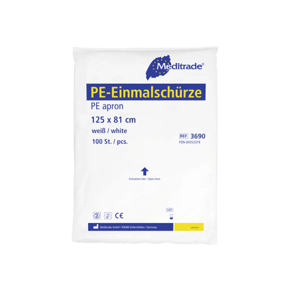 Balenie bielych jednorazových záster Meditrade PE, 125 x 81 cm, so 100 kusmi. Balenie obsahuje značku a detaily produktu spoločnosti Meditrade GmbH.